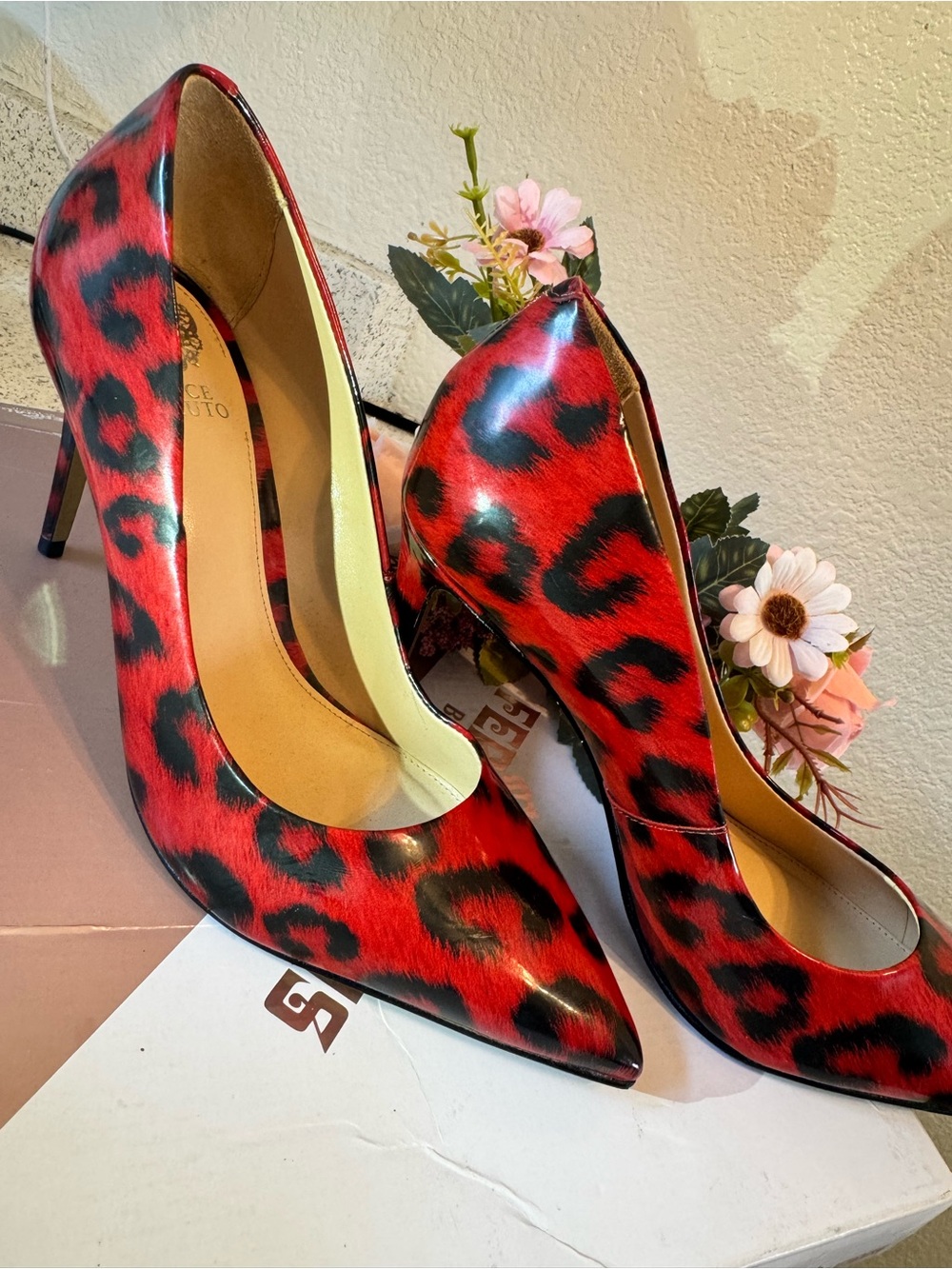 Vince Camuto Red and Black Leopard-Print Pointed Stiletto Heels